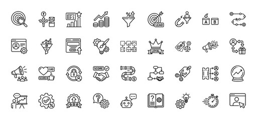 Marketing and sales line icon set. Vector pictograms of lead generation, loyalty programs, funnel analysis, and financial growth, thin linear illustration.
