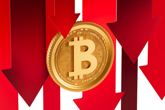 Golden bitcoin surrounded by large red arrows pointing down, 3D Rendering, isolated on white background. Concept of crypto crash or market crisis