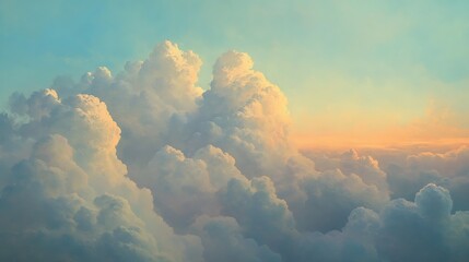 Dreamy Pastel Sky Billowing Cumulus Clouds Bathed in Golden Sunlight against Pale Blue Sky