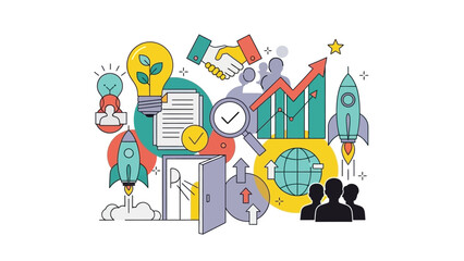 Naklejka premium Business startup and development concept with various icons.