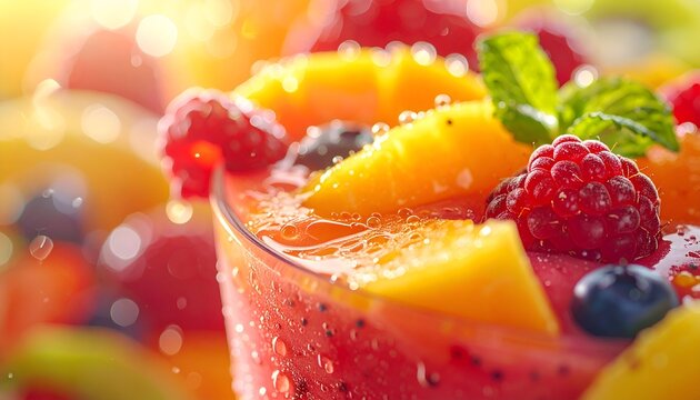 Close up of vibrant fruit smoothie with berries and citrus slices