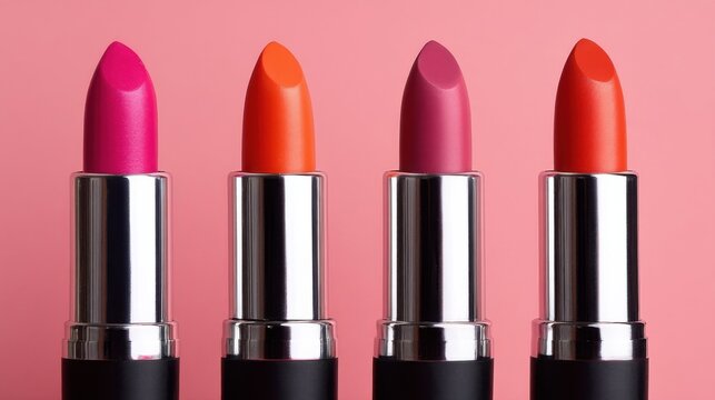 Four vibrant lipsticks with bullet-shaped tips displayed side by side, showcasing magenta, bright orange, deep purple,