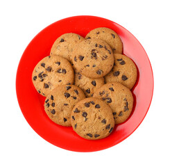 Delicious chocolate chip cookies isolated on white, top view