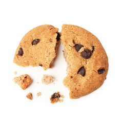 Pieces of yummy chocolate chip cookie isolated on white, top view