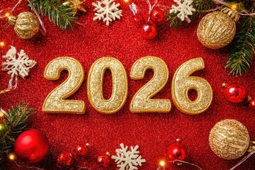 Top view of shimmering golden 2026 numbers surrounded by festive Christmas decorations and twinkling lights on a vibrant red background, creating a joyful atmosphere