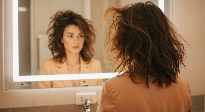 Woman looking in mirror with unkempt hair in modern bathroom - Powered by Adobe
