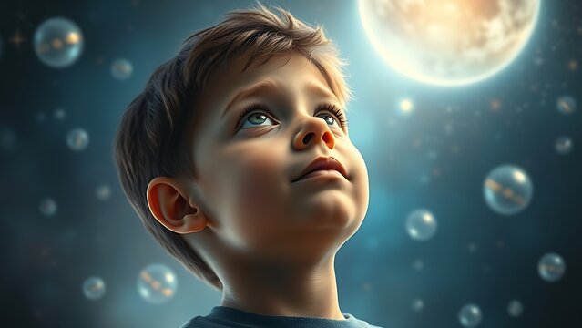 Young boy gazing upward in wonder, illuminated by a celestial glow with a cosmic background of floating orbs.