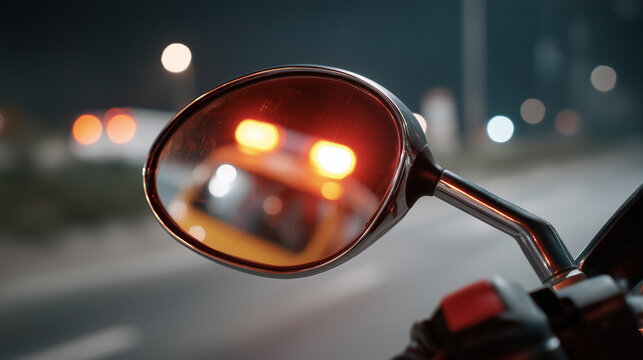Close-Up Reflection of Emergency Vehicle Lights in Motorcycle Side Mirror during Night Ride on Urban Road, Creating Dynamic Visual Contrast