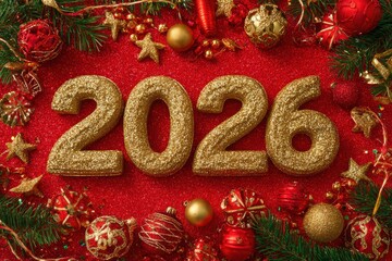 Top view of shimmering golden 2026 numbers surrounded by festive Christmas decorations and twinkling lights on a vibrant red background, creating a joyful atmosphere