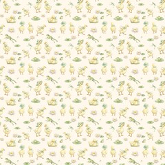Spring nursery background with yellow ducks in hats and bows for baby fabric, textile and wallpaper.