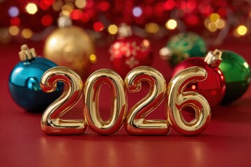 Festively arranged golden 2026 numerals atop a rich red surface, adorned with colorful Christmas ornaments and sparkling lights, evoking a celebratory New Year's mood