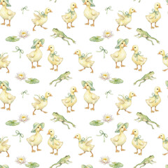 Fototapeta premium Cute Watercolor Ducks and Frogs Seamless Pattern 