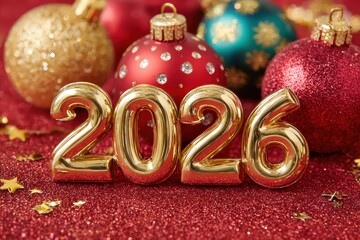 Festively arranged golden 2026 numerals atop a rich red surface, adorned with colorful Christmas ornaments and sparkling lights, evoking a celebratory New Year's mood