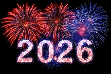 Vibrant fireworks burst in a dark night sky, illuminating "2026" in sparkling colors, with dynamic light trails creating a festive atmosphere