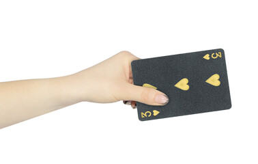 playing card hearts 3 in hand, outstretched hand with black playing card isolated from background