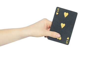 playing card hearts 3 in hand, outstretched hand with black playing card isolated from background