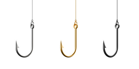 Three metallic fishing hooks in silver, gold, and dark steel finish hanging vertically, realistic 3D Rendering, isolated on white background, concept of fishing choice