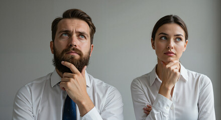Man and woman thinking together with serious expressions indoors