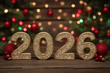 Golden 2026 numbers elegantly displayed on a rustic wooden table, surrounded by vibrant Christmas ornaments, twinkling bokeh lights, creating a warm festive atmosphere