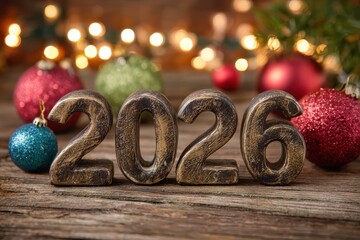 Golden 2026 numbers elegantly displayed on a rustic wooden table, surrounded by vibrant Christmas ornaments, twinkling bokeh lights, creating a warm festive atmosphere