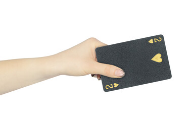 playing card hearts 2 in hand, outstretched hand with black playing card isolated from background