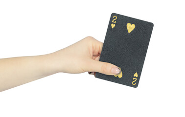 playing card hearts 2 in hand, outstretched hand with black playing card isolated from background