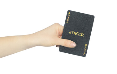 playing card joker in hand, outstretched hand with black playing card isolated from background
