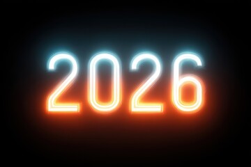 Futuristic neon 2026 digits glowing intensely, crafted from sleek tubes with a smooth transition from dark to light, offering a vibrant, festive atmosphere