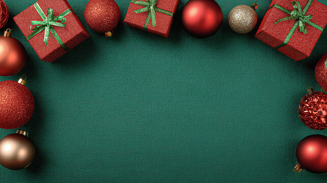 Merry Christmas and Happy Holidays greeting card, frame, border. New Year. Red Christmas ornaments and gifts, presents on green background top view. Xmas holiday festive theme. Christmas decoration