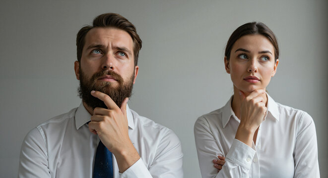 Man and woman thinking together with serious expressions indoors  