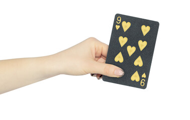 playing card hearts 9 in hand, outstretched hand with black playing card isolated from background