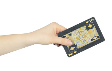 playing card diamonds king in hand, outstretched hand with black playing card isolated from background