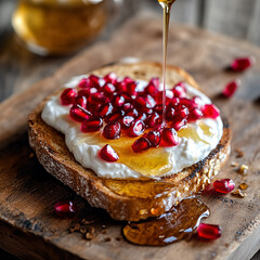 Toast with yogurt, pomegranate seeds, and honey on wooden board  
