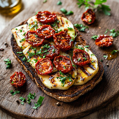 Grilled halloumi sandwich topped with sun-dried tomatoes and herbs  