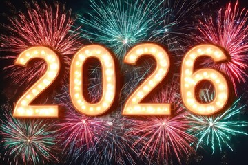 Festive fireworks illuminate the darkness, with radiant trails of light enhancing "2026, " evoking a joyful and celebratory New Year mood