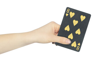 playing card hearts 8 in hand, outstretched hand with black playing card isolated from background