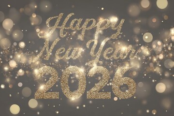 Stylish metallic lettering of "Happy New Year 2026" with a shimmering effect, surrounded by subtle sparkles and soft bokeh lights on a deep gray backdrop, exuding festive cheer