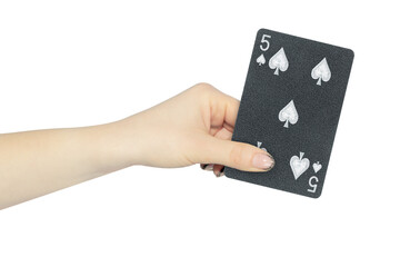 playing card spades 5 in hand, outstretched hand with black playing card isolated from background