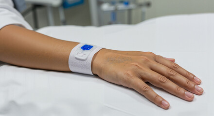 Hand with medical wristband resting on a hospital bed sheet  