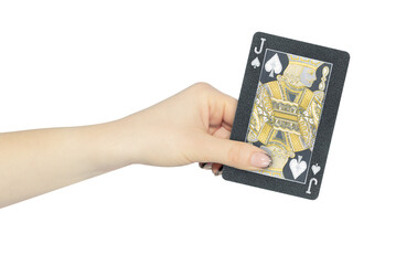playing card spades jack in hand, outstretched hand with black playing card isolated from background