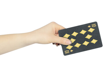 playing card diamonds 10 in hand, outstretched hand with black playing card isolated from background