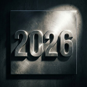 Shimmering silver 3d numbers "2026" boldly presented on a distressed metallic square panel, symbolizing new beginnings, future aspirations, and upcoming dates.