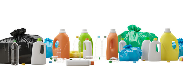 Obraz na płótnie Canvas Assorted plastic bottles and colorful trash bags isolated on white background, 3D Rendering, concept of recycling, cleanliness, and waste sorting