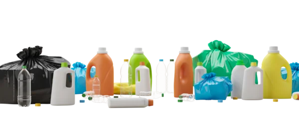 Selbstklebende Fototapeten Sportgeschäft Assorted plastic bottles and colorful trash bags isolated on white background, 3D Rendering, concept of recycling, cleanliness, and waste sorting  © ImageFlow