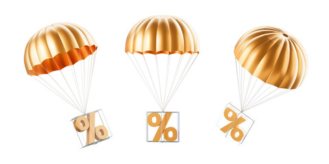Three golden parachutes with percentage signs in transparent boxes, isolated on white background, 3D Rendering, concept of discount, finance or savings