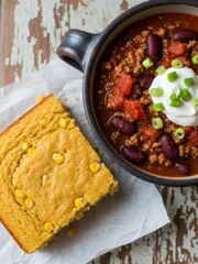 Overhead shot of a bowl of chili topped with sour cream and chives, served with a slice of cornbread on parchment paper.