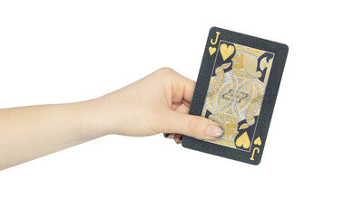 playing card hearts jack in hand, outstretched hand with black playing card isolated from background