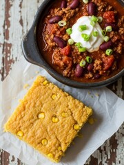 Overhead shot of a bowl of chili topped with sour cream and scallions, served with a square of cornbread on parchment paper.