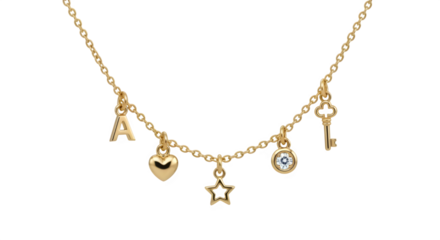 Elegant gold charm necklace with letter a heart star key isolated on transparent background