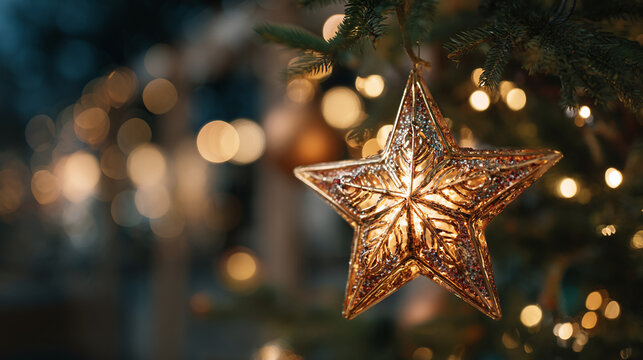 Spruce tree and stars, Christmas tree star decoration close up, bokeh lights background. Merry Christmas and Happy Holidays greeting card, frame, banner. New Year celebration. Winter xmas festive